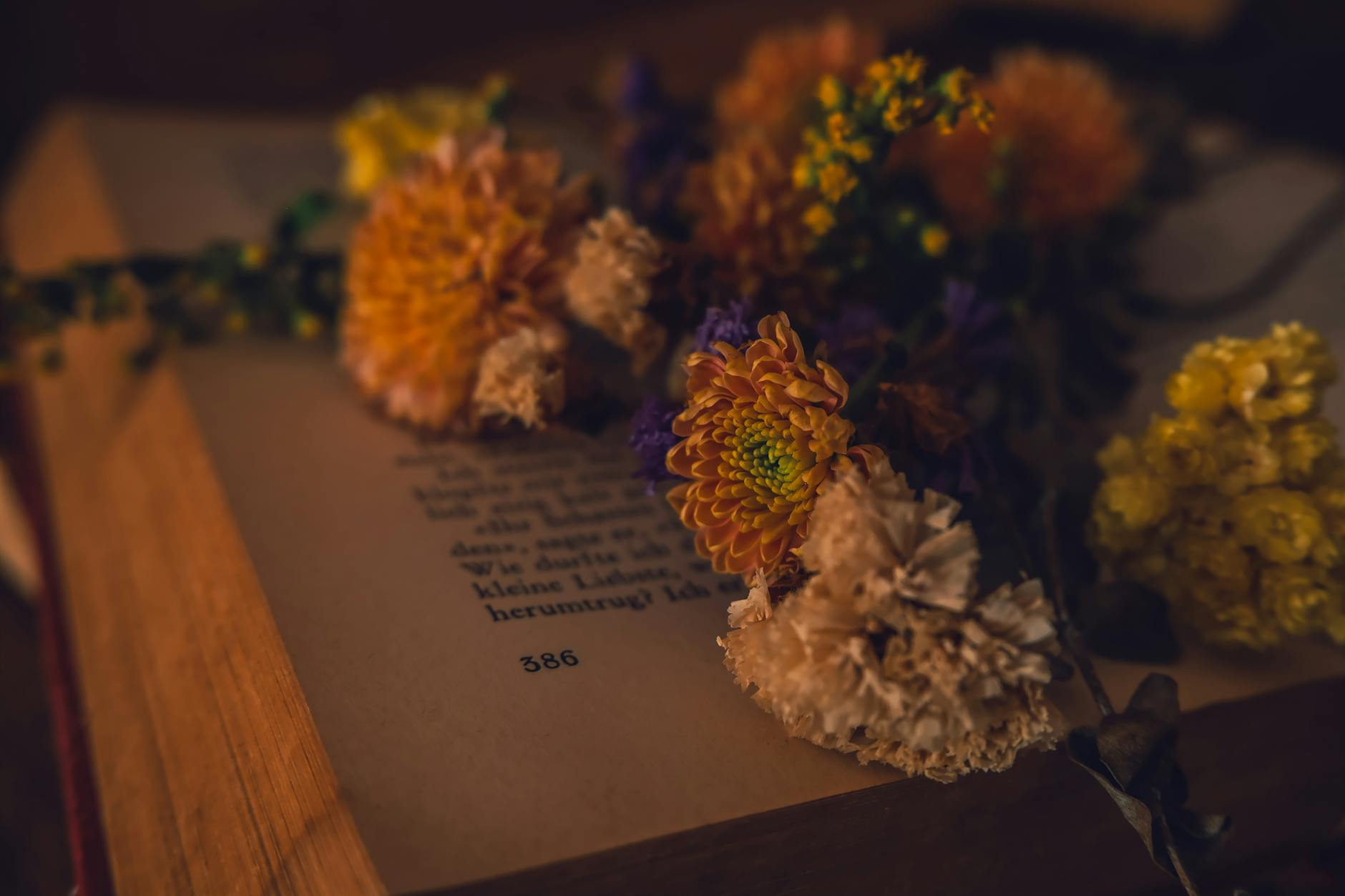A dark photograph of an old book with organge, purple and yellow flowers laid over the top, The photo is moody and fits a dark academia style, 