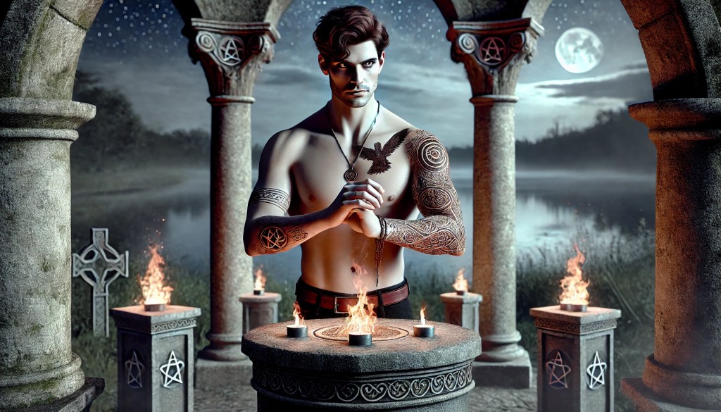 Lucien stands behind an alter, his dark auburn hair almost black in the moonlight, his celtic tattoos on show as he is stripped to the waist, prepared for the samhain ritual. 